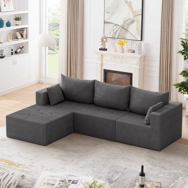 104  Modular Sectional Sofa, L Shape Sectional Sofa Couch with Deep Seat, Free Combination Corduroy Couches for Living Room, No Assembly Required, Grey