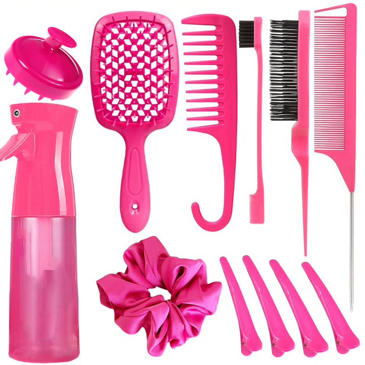 12 Pcs Hair Brush Set, 3 Pieces Slick Back Hair Brushes for Toddlers, Women, Detangling Brush for Wet Dry Curly Hair, Edge Bristles Wide Tooth Rat Tail Combs for Baby Girls (Red)