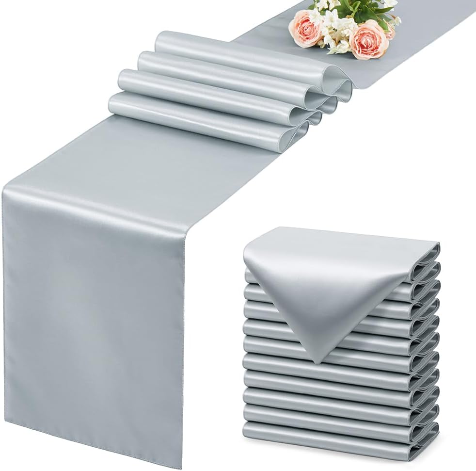 12 Pack Silver Table Runner 12x108 Inches Long, Satin Silk-Like Smooth Table Decor for Wedding Birthday Party