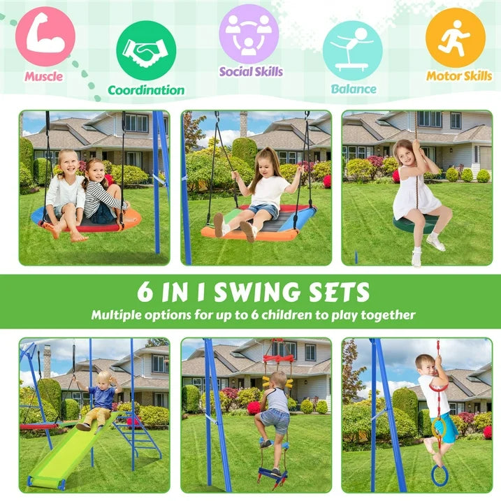 6 in 1 Swing Sets for Outside, SHINPT Playground Sets for Backyard, Outdoor Swing Set with Climbing Rope Ladder, Toddler Swing Sets with Disc Swing, Multifunctional Playset for Ages 3 10