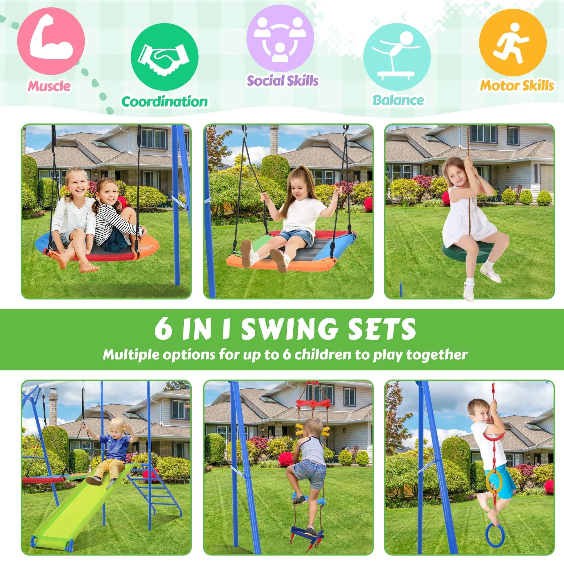 6 in 1 Swing Sets for Outside, SHINPT Playground Sets for Backyard with Climbing Rope Ladder, Disc Swing, Monkey Bar Swing, Slide and Climbing, Saucer Swing, Multifunctional Playset for Age 3 10