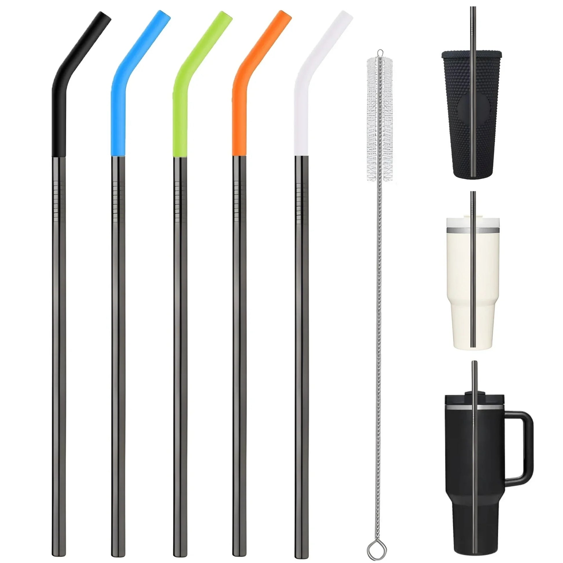 5PCS Metal Straws with Silicone Tip and Cleaning Brush,11.8 0.31 Reusable Stainless Steel Straw,Black