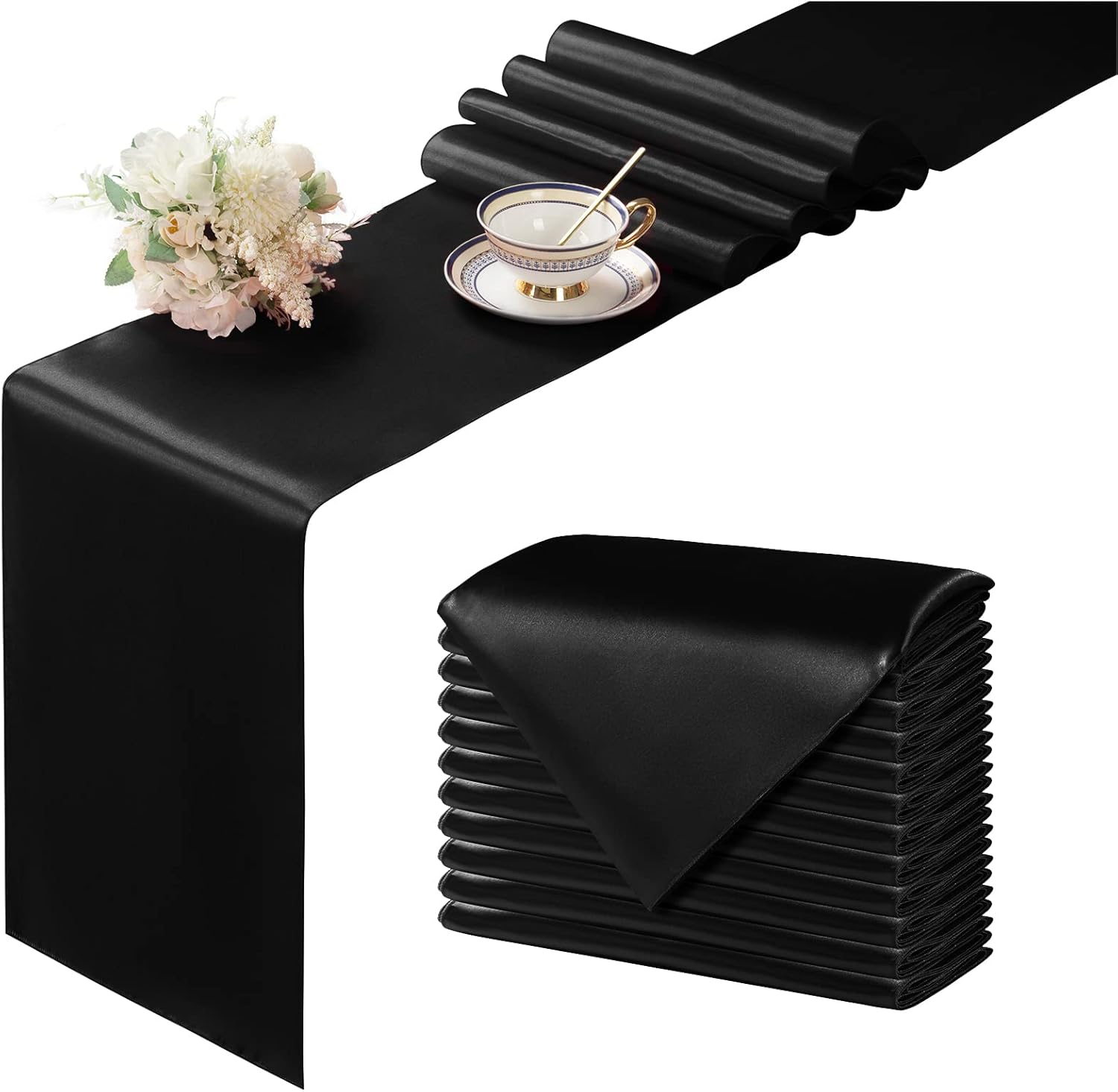 12Pcs Satin Black Table Runner - 12 x 108 Inch Long Size, Party Table Runner Decor Bright & Smooth Wedding Decorations Table Runners for Banquet Chef Birthday Buffet Dinner Graduations