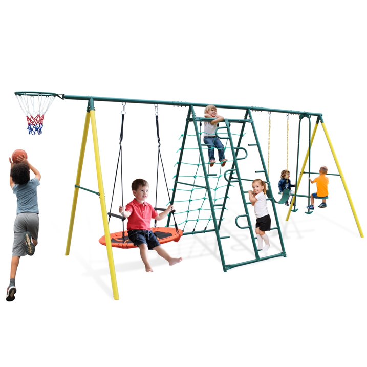 6in1 Swing Set for Outside, Heavy Duty A Frame Metal Swing Set with Glider, Basketball Hoop, Climbing Frame, Climbing Net, Hammock Swing and Belt Swing, Backyard Playground Set for Kids Age 3 12
