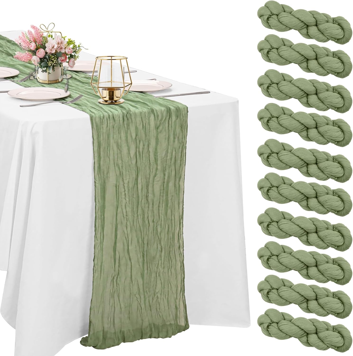10 Pack Sage Green Cheesecloth Table Runner 10FT Boho Gauze Fabric Table Runner Vintage Rustic Sheer Runners for Wedding Party Bridal Baby Shower Long Table Decorations