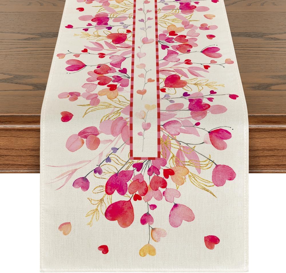 Pink Heart Branch Table Runner, Seasonal Leaf Kitchen Dining Table Decoration for Home Party Decor 13x72 Inch