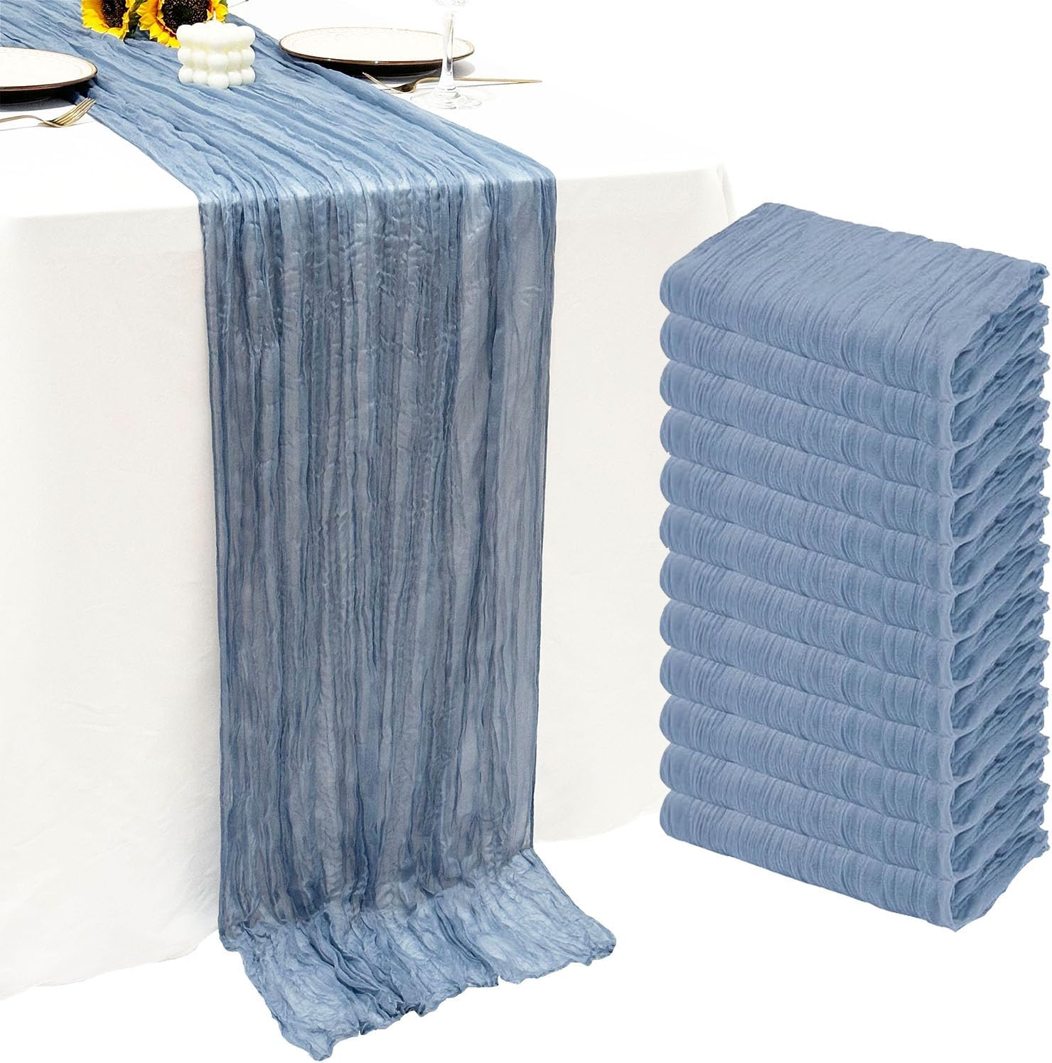 12Pack Dusty Blue Cheesecloth Table Runner 10Ft Gauze Table Runner Blue Cheese Cloth Table Runners Long Sheer Fabric Tablerunners for Wedding Party Bridal Shower Thanksgiving Christmas