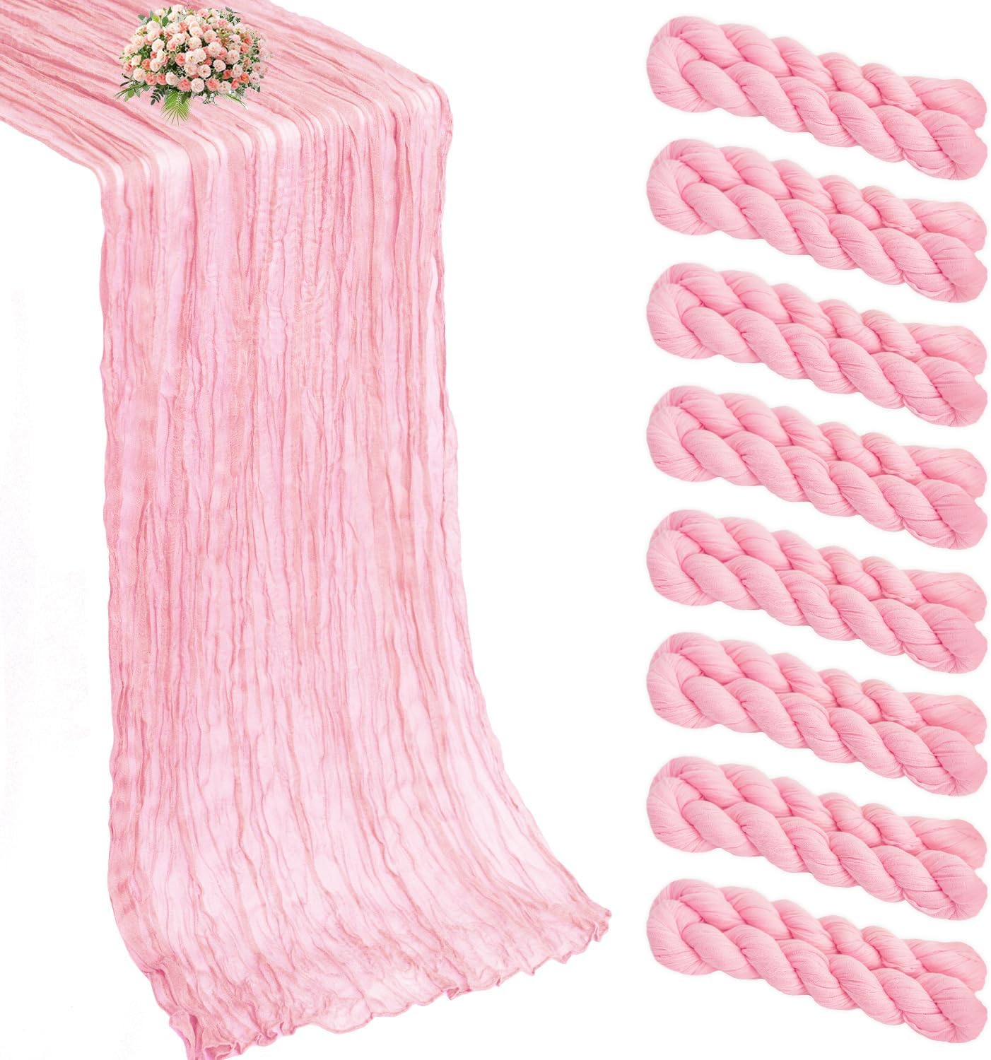 8 Pack Pink Cheesecloth Table Runner 21x120 Inch Boho Gauze Table Runners Rustic Light Pink Table Runner for Wedding Birthday Party Baby Shower Centerpiece Home Decorations