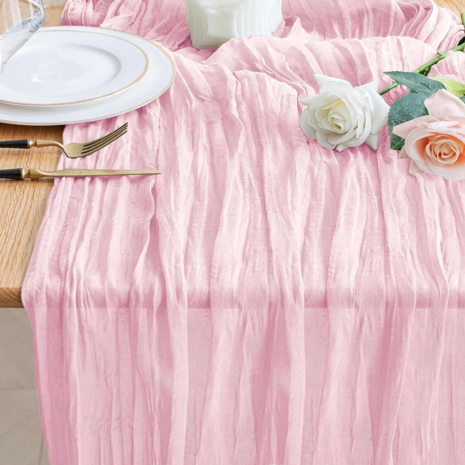 Pink Cheesecloth Table Runner Valentine's Day 10FT Blushing Pink Boho Gauze Table Runner for Party Wedding Spring Easter Ru