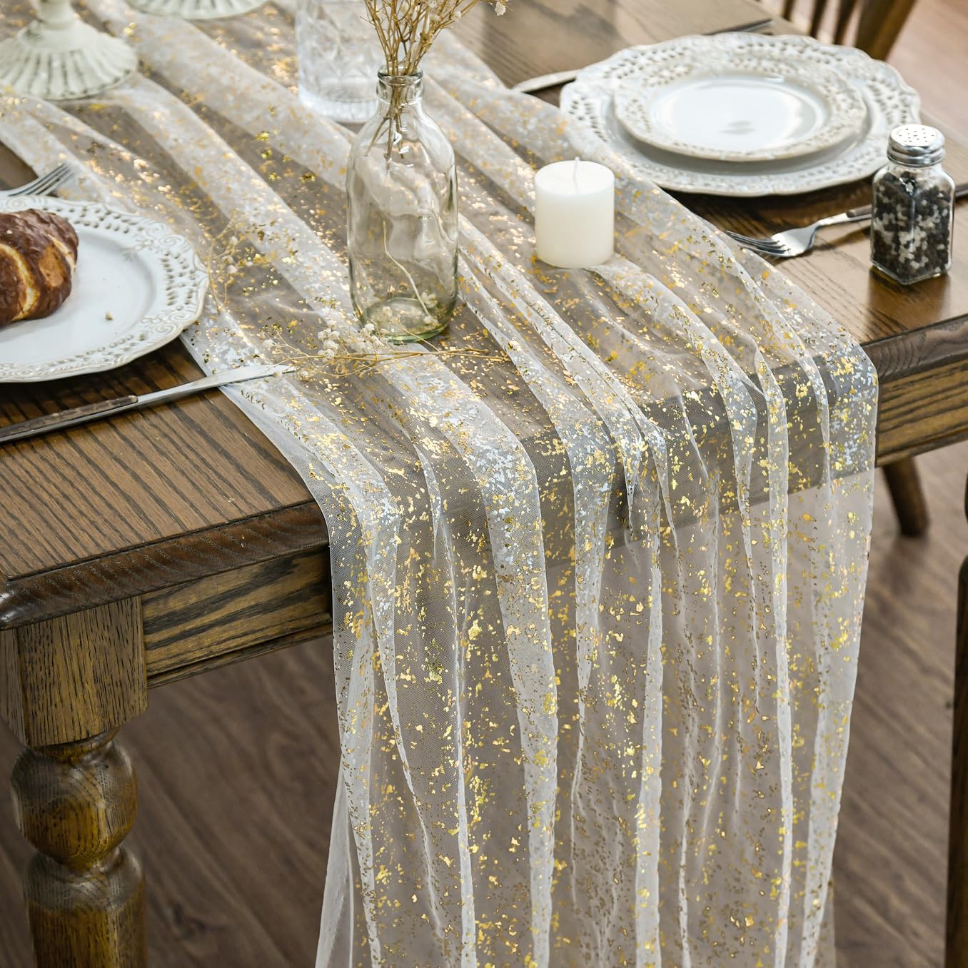 Beige Gold Gauze Table Runner 120 Inch 10FT, Glitter Metallic Foil Sheer Dining Wedding Anniversary Holiday Birthday Table Decor for Home Party