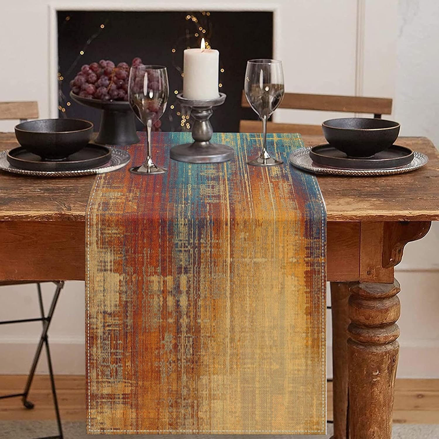 Table Runner, Vintage Abstract Messy Rust Painting Dining Decor for Kitchen Coffee Table Family Dinners Holiday Parties Wedding Events Decor