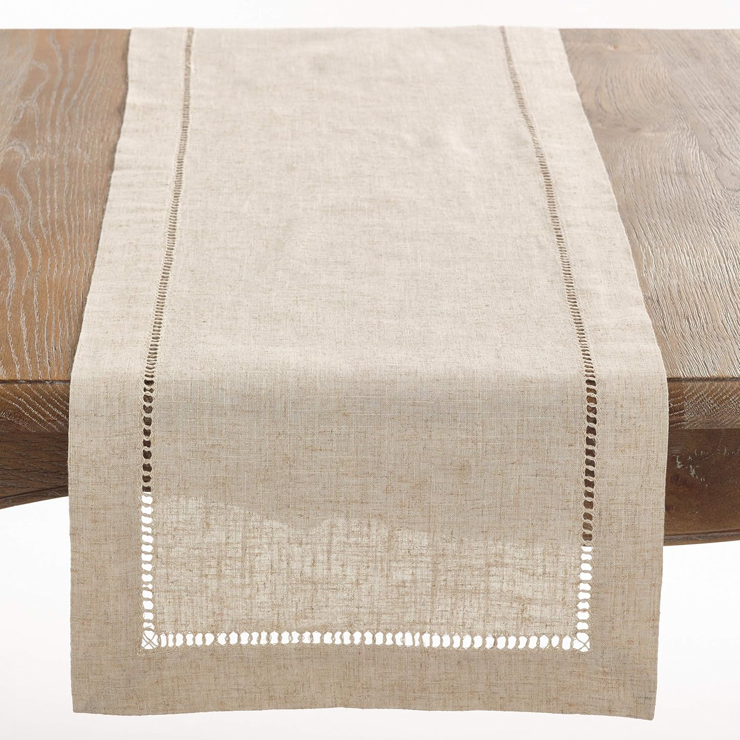 Poly and Linen Blend Hemstitched Table Runner with Hemstitch Border, 16"x72", Natural