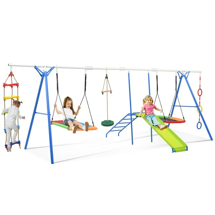 6 in 1 Swing Sets for Outside, SHINPT Playground Sets for Backyard with Climbing Rope Ladder, Disc Swing, Monkey Bar Swing, Slide and Climbing, Saucer Swing, Multifunctional Playset for Age 3 10