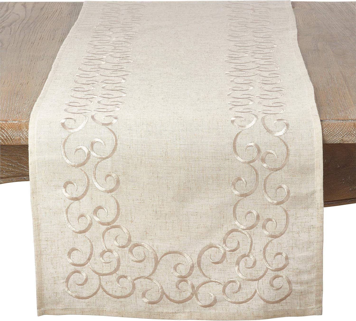 Swirling Collection Embroidered Design Linen Blend Table Runner, 16" x 72", Natural