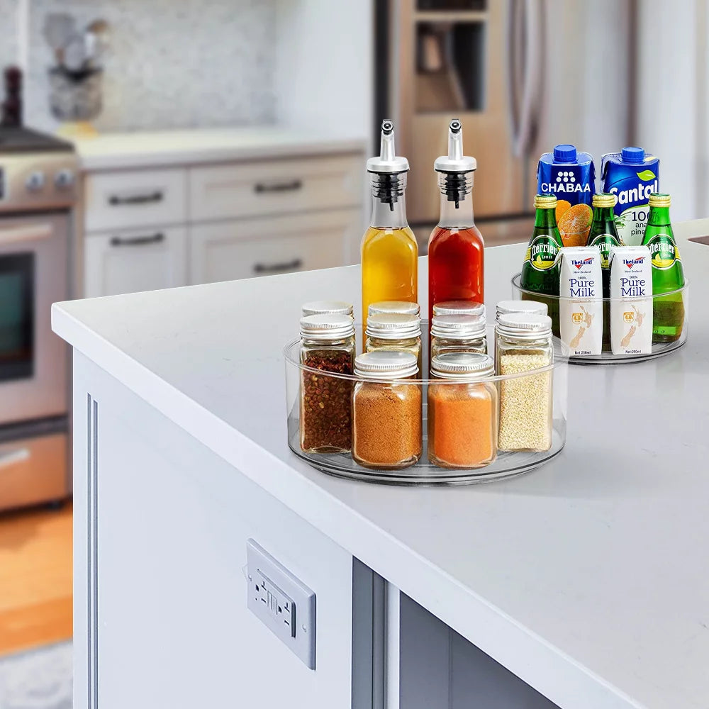 2 Pack Round Plastic Clear Rotating Turntable Organization & Storage Container Bins for Cabinet, Pantry, Fridge, Countertop, Kitchen, Vanity - Spinning Organizer for Spices, Condiments