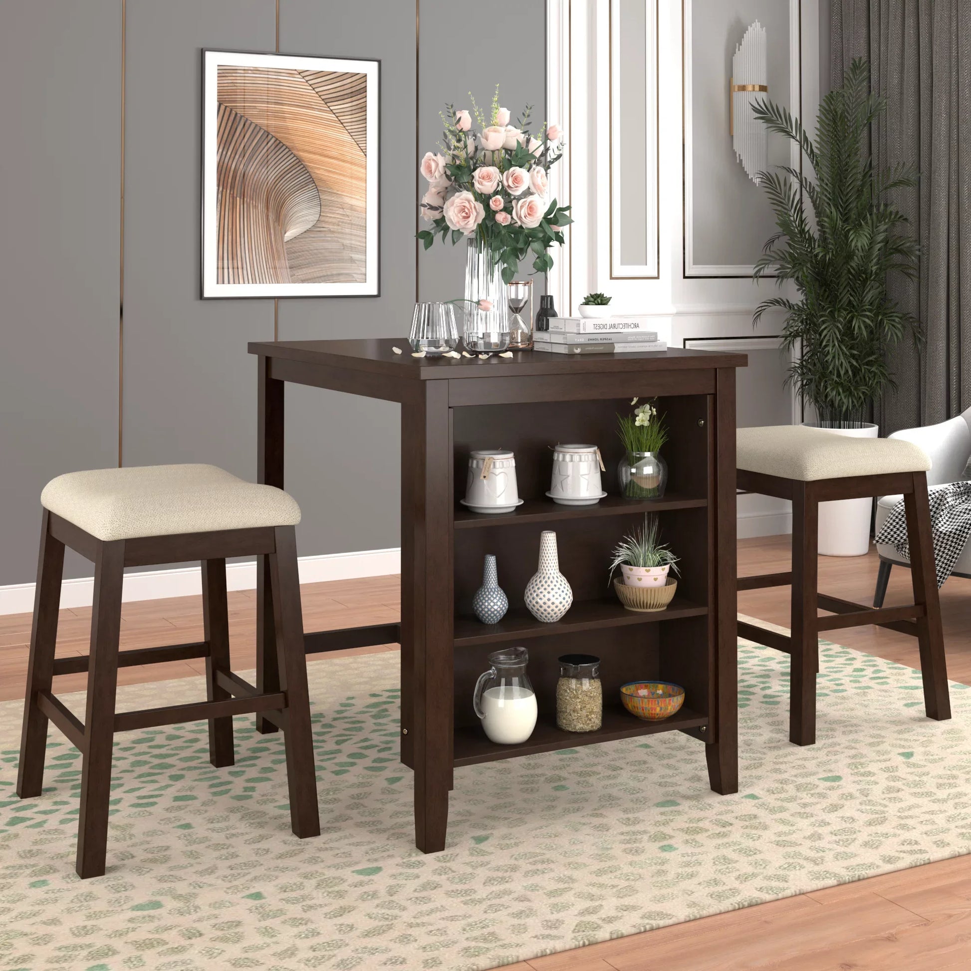 3 Piece 35.8" Dining Table with Padded Stools, Table Set with Storage Shelf,Brown