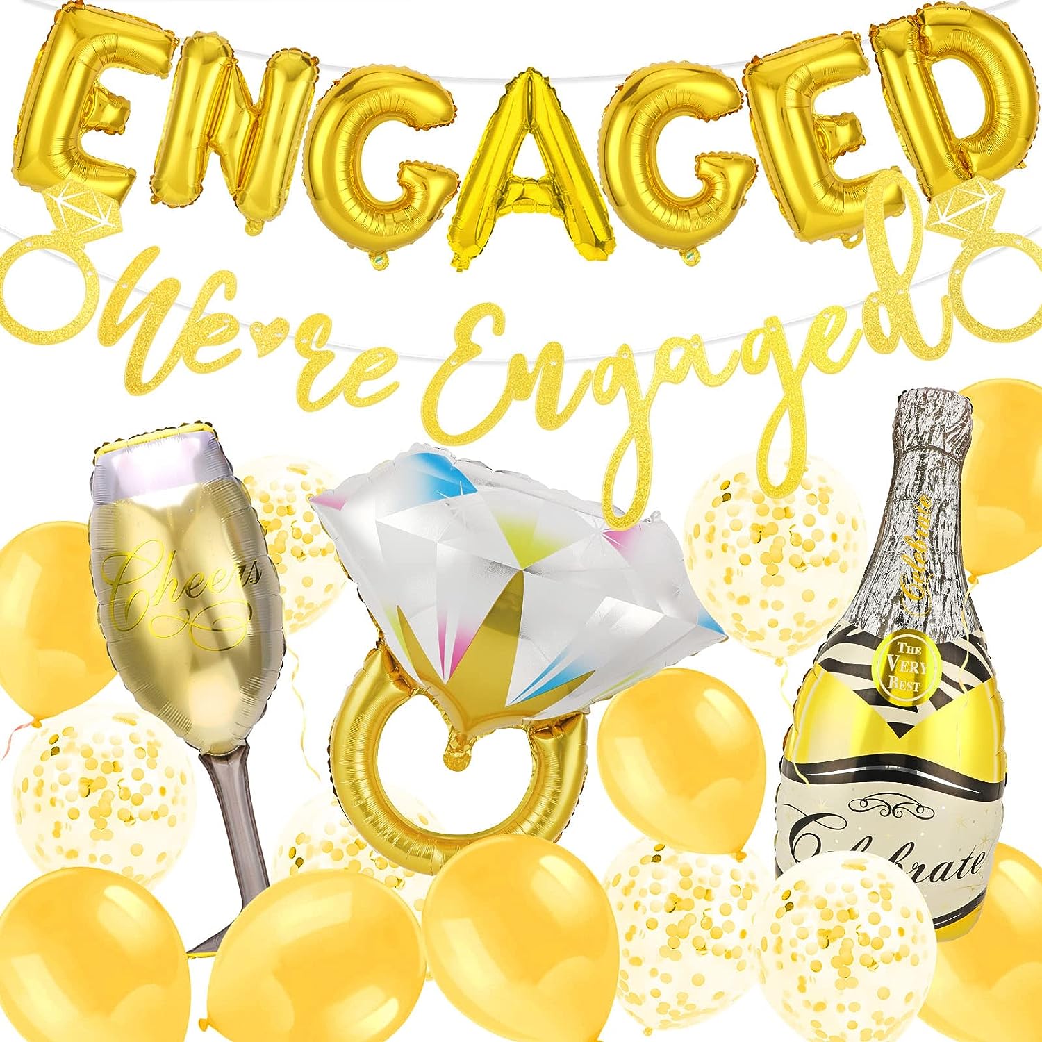 16pcs Engagement Party Decorations Set with We are Engaged Banner Diamond Ring Balloon