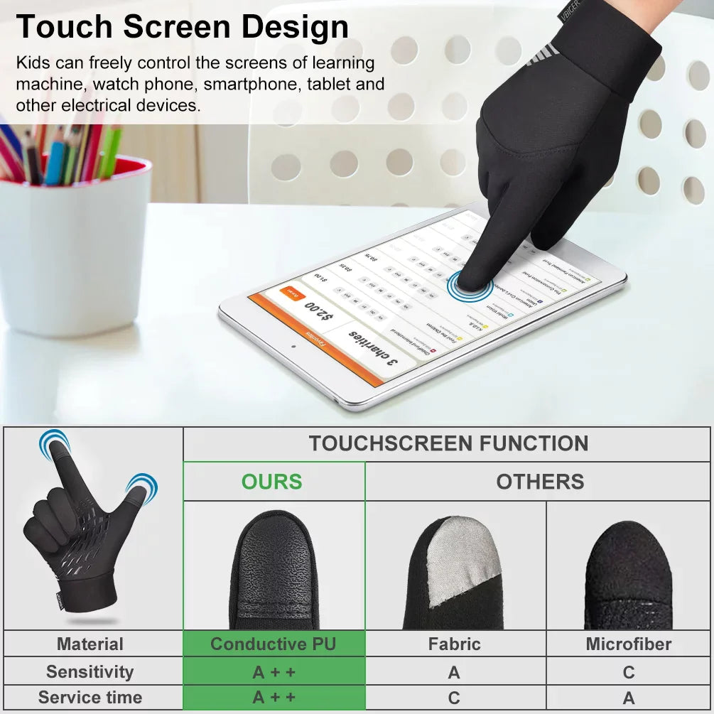 10-12 Years Kids Winter Gloves Thickened Touch Screen Gloves Cold Weather Gloves with Reflective Designs- Ideal Gift for Christmas, Black