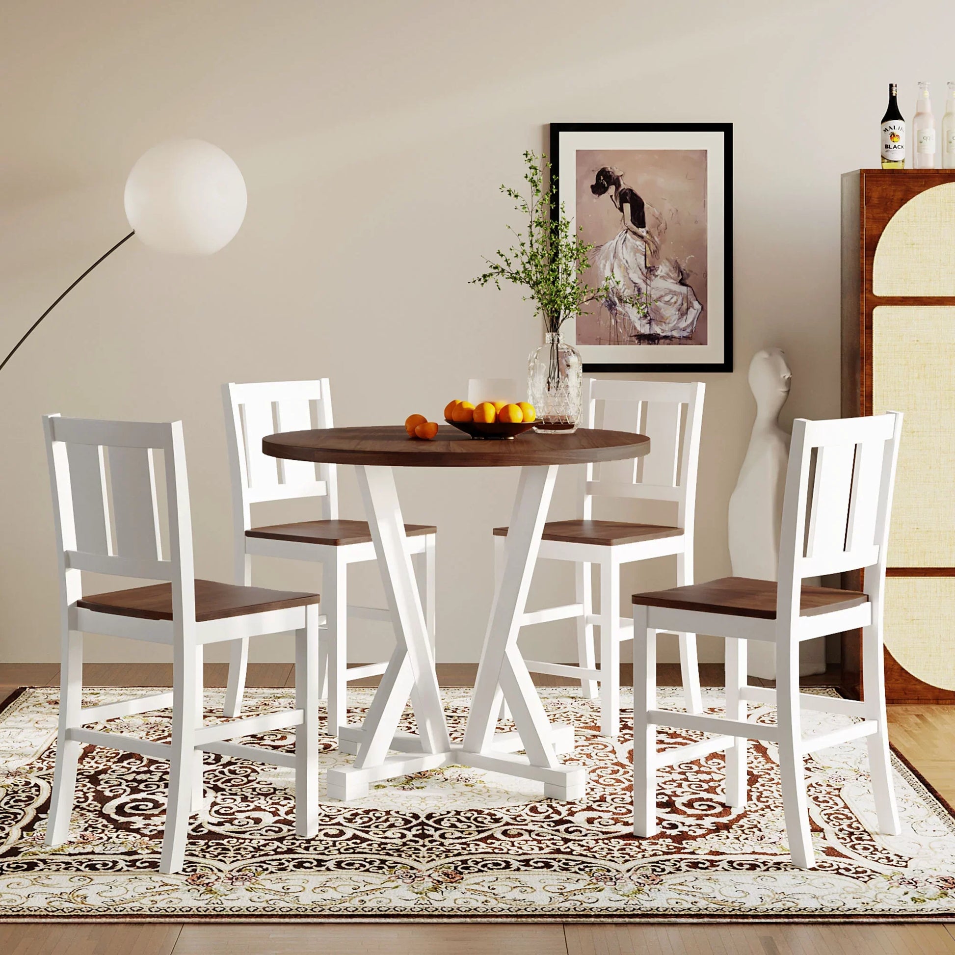 5-Piece 35.8" Dining Table Set Counter Height, Round Kitchen set with 4 Dining Chairs and Thick Tabletop, Brown