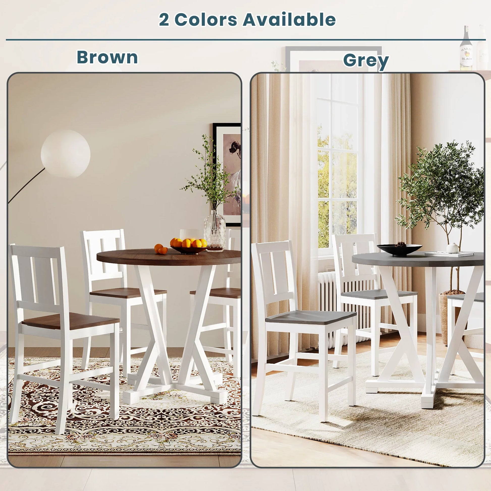 5-Piece 35.8" Dining Table Set Counter Height, Round Kitchen set with 4 Dining Chairs and Thick Tabletop, Brown