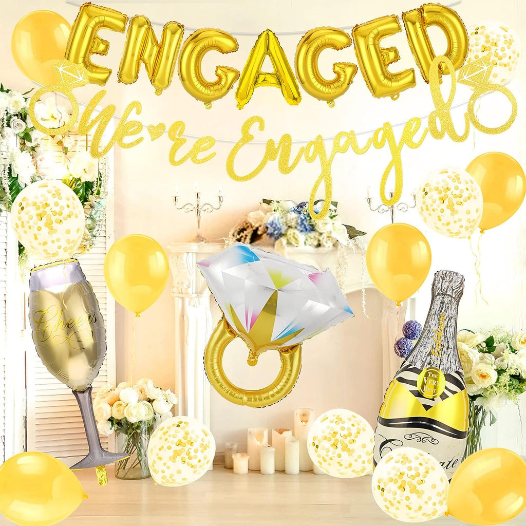 16pcs Engagement Party Decorations Set with We are Engaged Banner Diamond Ring Balloon