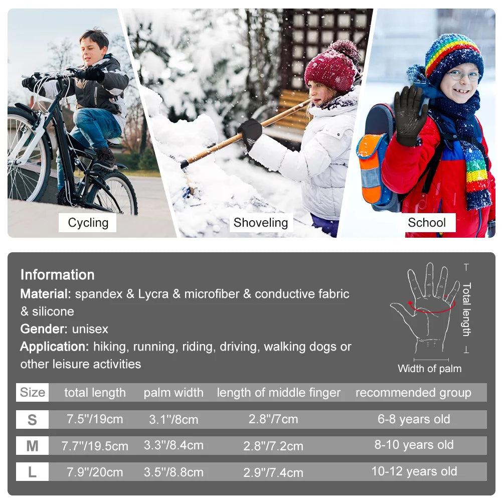 10-12 Years Kids Winter Gloves Thickened Touch Screen Gloves Cold Weather Gloves with Reflective Designs- Ideal Gift for Christmas, Black