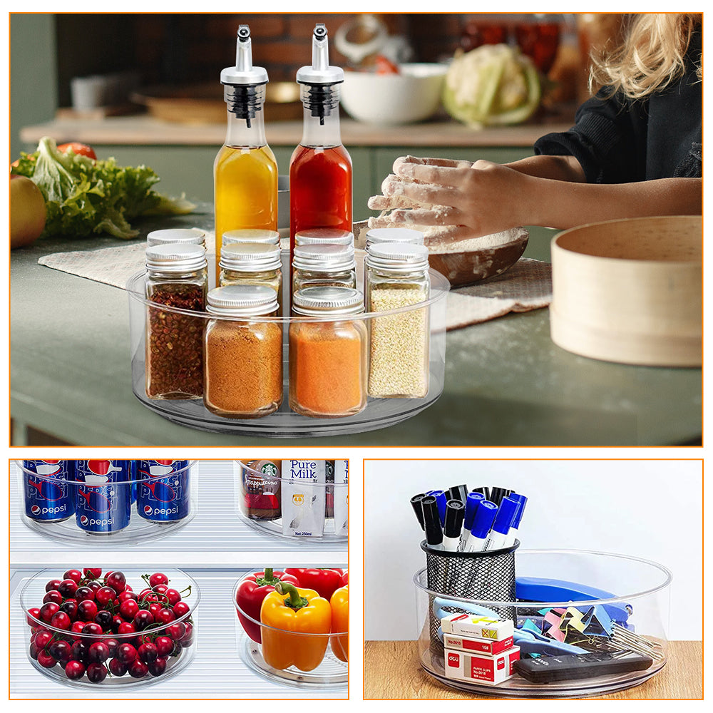 2 Pack Round Plastic Clear Rotating Turntable Organization & Storage Container Bins for Cabinet, Pantry, Fridge, Countertop, Kitchen, Vanity - Spinning Organizer for Spices, Condiments